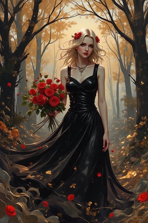 A gothic blonde hair woman in black dress, walking in a magical forest holding a  bouquet of red roses, fantasy artwork, shiny tonalism, light and ornate, digital illustration, captivatingly atmospheric, backlight, realistic in the style of karmaNinja, 1940s-1950s