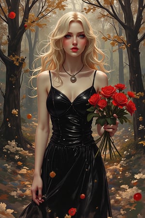 A gothic blonde hair woman in black dress, walking in a magical forest holding a  bouquet of red roses, fantasy artwork, shiny tonalism, light and ornate, digital illustration, captivatingly atmospheric, backlight, realistic in the style of karmaNinja, 1940s-1950s