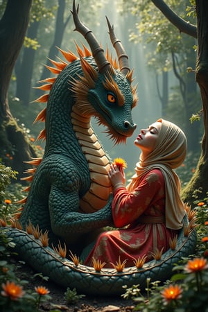 Create a HyperRealistic image, In a magical world, a dragon and a hijab fairy princess wearing a red kaftan share an enchanting magical story. The dragon, a combination of Asian and European majestic and powerful, exudes an aura of strength. Beside him, the fairy princess with a flower aura on her hands, ethereal and graceful, glows with an otherworldly beauty. They are depicted in a lush, enchanted forest, filled with vibrant colors and magical flora. The scene captures their deep connection, with the dragon's protective gaze on the princess, and her tender snuggled up to dragons 's chest, loving expression towards the dragon. Their love transcends the ordinary, blending the might of the dragon with the delicate charm of the fairy princess. The style is a combo of an Art Neuvo Manhwa and color pallete muted earth shades and greens