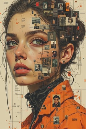 A visually complex digital collage with a surrealistic touch. The central focus is a distorted, abstracted face of a young russian happy lady in cyberpunk orange suit, The person's features are fragmented and overlaid with a variety of mixed media elements, such as scenery images, portrait images, diagrams, neonlines, and other graphical elements. The composition is characterized by a chaotic, layered arrangement. The distorted, disjointed features and the incorporation of diverse visual elements suggest a theme of the blurring of boundaries between the physical and digital realms.