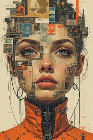 A visually complex digital collage with a surrealistic touch. The central focus is a distorted, abstracted face of a young russian happy lady in cyberpunk orange suit, The person's features are fragmented and overlaid with a variety of mixed media elements, such as scenery images, portrait images, diagrams, neonlines, and other graphical elements. The composition is characterized by a chaotic, layered arrangement. The distorted, disjointed features and the incorporation of diverse visual elements suggest a theme of the blurring of boundaries between the physical and digital realms.