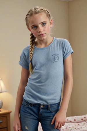 (standing:1.4), in bedroom,(fully clothed:1.6),t-shirt, jeans,sfw, teenage girl,12-years-old girl, real life photo, full body shot, front facing,blonde, Single hair braid, freckles, shy face, detailed face, skin details, skin texure,face with freckles, masterpiece, 8k, 