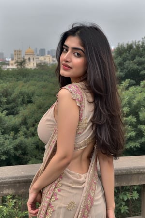 (Best quality, 8k, 32k, Masterpiece, UHD:1.2), Photo of Pretty Indian woman, Best quality, ultra details realistic,Lovely cute hot Alia Bhatt, acute an Instagram model 22 years old, full-length, long blonde_hair, black hair, on a city, wearing a sexy dress,on indian pink saree and black blouse, thin shaped_body, big ass and Big figure boobs and see on little boobs in front view full body, front_view 