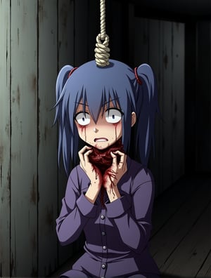 Dead head hanged by the neck with a rope,neck injured,neck break,panic face,Ayumi Shinozaki,blue hair, double ponytail hairstyle, guro, horror 