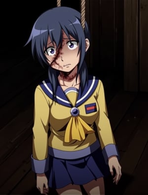 Dead body hanged by the neck with a rope,neck injured,neck break,panic face,Ayumi Shinozaki,blue hair, double ponytail hairstyle, yellow marine school uniform with skirt, guro, horror 