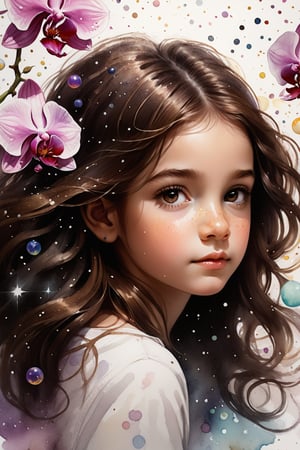 watercolor Sketch of a portrait of a six year old girl with vibrant brown hair and piercing dark brown eyes, she gazes directly at the viewer from amidst a swirling vortex of inky stars. The air is filled with dynamic movement, as if passion itself has taken physical form, pouring forth like ink rain. In the background, very many beautiful orchids, delicate bubbles of ink suspend, adding an air of whimsy to this masterfully crafted digital artwork, showcasing the artist's exceptional skill and attention to detail.
portrait by Charles Miano, pastel drawing, illustrative art, soft lighting, detailed, more Flowing rhythm, elegant, low contrast, add soft blur with thin line, 