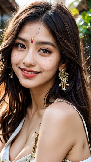 beautiful Indian lady, freckles, big smile, dark makeup, hyperdetailed photography, soft light, head and shoulders portrait, cover