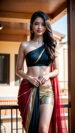 19 year old Indian women , wearing beautiful red saree fully covering her body, long black hairs , perfect figure,  , standing on balcony ,
, blue eyes, pink juicy lips brown hair , long hair , smiling, in the cafee,photorealistic, bindi
 , cinematic light, cinematic picture 