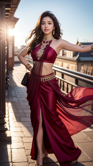 A solo indian female figure stands confidently outside, her long brown hair blowing gently in the breeze. She gazes directly at the viewer with a warm, radiant smile, her teeth gleaming in the sunlight and her face seems extremely realistic. Her outfit is traditional, featuring an beautiful saari , accented by jewelry around her neck and looking extremely realistic. Her hands rise above her head, palms up, as she exudes a sense of freedom and joy. The blurred background adds to the dreamy atmosphere, while her sharp features remain crisp and extremely realistic.