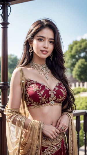 A solo indian female figure stands confidently outside, her long brown hair blowing gently in the breeze. She gazes directly at the viewer with a warm, radiant smile, her teeth gleaming in the sunlight and her face seems extremely realistic. Her outfit is traditional, featuring an beautiful saari , accented by jewelry around her neck and looking extremely realistic. Her hands rise above her head, palms up, as she exudes a sense of freedom and joy. The blurred background adds to the dreamy atmosphere, while her sharp features remain crisp and extremely realistic.