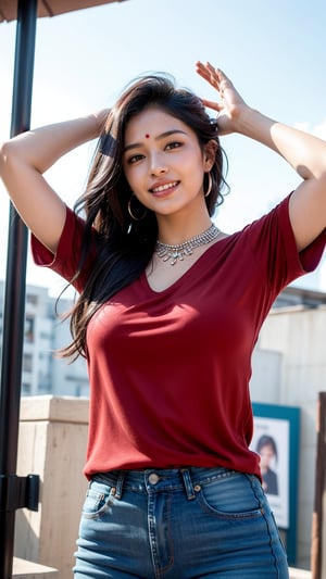 A solo indian female figure stands confidently outside, her long brown hair blowing gently in the breeze. She gazes directly at the viewer with a warm, radiant smile, her teeth gleaming in the sunlight and her face seems extremely realistic. Her outfit is casual yet stylish, featuring an orange top and jeans, accented by jewelry around her neck and looking extremely realistic. Her hands rise above her head, palms up, as she exudes a sense of freedom and joy. The blurred background adds to the dreamy atmosphere, while her sharp features remain crisp and extremely realistic.