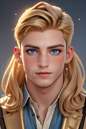 1_hot_boy, blond, long_hair boy, glitter, high_resolution, detailed, portrait, shiny skin, multicolor, shiny, light_blue golden brodery attire,gazzap