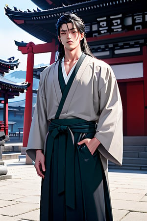 1_hot_guy,asian,dark_long_hair,grey_hakama,stands outside a shito temple,Time Jumper