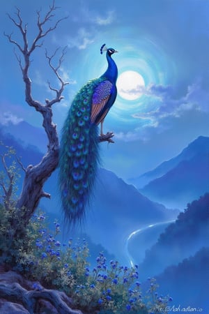 score_9,score_8_up,score_7_up, in the style of Frank Frazetta: bird, peacock on a dead tree, blue feathers, purple wings, purple tail, fumes, fog, dim sun, mountains, bush, iris flowers, idyllic atmosphere, blue filter, painting in shades of blue, detailed background, best quality, amazing quality, best aesthetic