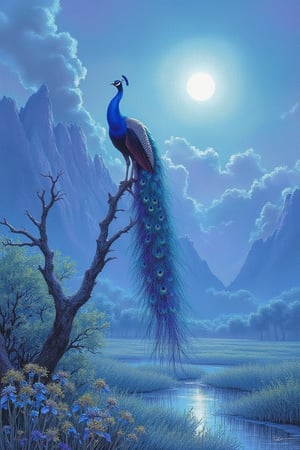 score_9,score_8_up,score_7_up, in the style of Frank Frazetta: bird, peacock on a dead tree, blue feathers, purple wings, purple tail, fumes, fog, dim sun, swampy plain, mountains at background, bush, iris flowers, idyllic atmosphere, blue filter, painting in shades of blue, detailed background, best quality, amazing quality, best aesthetic