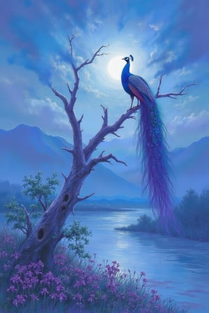 score_9,score_8_up,score_7_up, in the style of Frank Frazetta: bird, peacock on a dead tree, blue feathers, purple wings, purple tail, fumes, fog, dim sun, swampy plain, mountains at background, bush, iris flowers, idyllic atmosphere, blue filter, painting in shades of blue, detailed background, best quality, amazing quality, best aesthetic