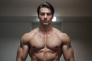 A close-up shot of the tall, muscular boy, his piercing blue eyes fixed straight ahead, his dark hair styled neatly, a slight stiffness to his facial expression as he stands firm, showcasing his chiseled physique against a neutral background, the lighting highlighting every defined muscle,with spectacular scenery, the lighting highlighting every defined muscle.