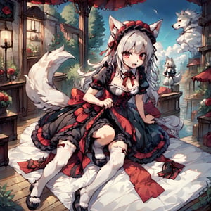 wolf girl,fur body,white wolf fur,white wolf ears,red eyes,white wolf tail, gothic lolita,full body,score_9,score_8_up,score_7_up,source_anime,BREAK,furry