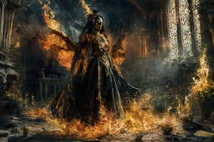 **The Flame's Embrace:** Imagine a gothic-inspired ritual where a girl composed of flames performs a dance in an old, gothic chapel. Her fiery dress and intricate, dark patterns create an enchanting contrast against the dim, candlelit surroundings.,Details,Skin texture,Details,Skin texture,Details,Skin texture,Details,Skin texture,Details,Skin texture,Details,Skin texture 