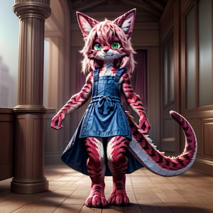 ((((full body)))), A majestic loli dragon neko stands before us. Her dark-scaled skin glistens in the soft, warm light, as if infused with an inner glow. Feline features are prominent - cat ears perked up and a long, fluffy tail extending from her posterior. A Lolita dress of mixed red, pink, and black patterns wraps around her slender form, creating a striking contrast against her dark scales. The overall composition is framed by a subtle gradient of blues and purples in the background, subtly evoking a sense of mystique and wonder.,green reptile hands,Monster girl,Dragon girl,furry,furry female,body fur,animal ear fluff,animal ears,fang