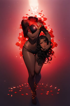 In a mystical forest bathed in soft, ethereal light, a headless young woman with long silver curly hair and striking red eyes poses eerily beautiful. Her dark skin glistens as she holds her own dissevered head in one hand, surrounded by intricate black bikini armor adorned with vibrant red flower accents that seem to pulsate with an otherworldly energy. The flowers' delicate petals and stems are textured with lifelike detail, contrasting stunningly against her dark skin tone. ((full body))