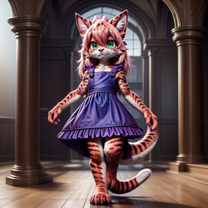 ((((full body)))), A majestic loli dragon neko stands before us. Her dark-scaled skin glistens in the soft, warm light, as if infused with an inner glow. Feline features are prominent - cat ears perked up and a long, fluffy tail extending from her posterior. A Lolita dress of mixed red, pink, and black patterns wraps around her slender form, creating a striking contrast against her dark scales. The overall composition is framed by a subtle gradient of blues and purples in the background, subtly evoking a sense of mystique and wonder.,green reptile hands,Monster girl,Dragon girl,furry,furry female,body fur,animal ear fluff,animal ears,fang