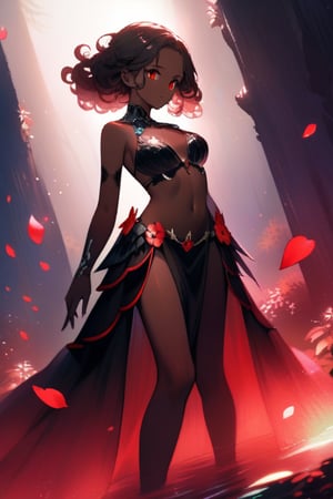 In a mystical forest bathed in soft, ethereal light, a headless young woman with long silver curly hair and striking red eyes poses eerily beautiful. Her dark skin glistens as she holds her own dissevered head in one hand, surrounded by intricate black bikini armor adorned with vibrant red flower accents that seem to pulsate with an otherworldly energy. The flowers' delicate petals and stems are textured with lifelike detail, contrasting stunningly against her dark skin tone. ((full body))