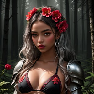 A headless young woman with long silver curly hair and striking red eyes, wearing intricate black bikini armor adorned with vibrant red flower accents. She holds her own head in one hand, creating a surreal and captivating image. The background is a mystical forest with soft, ethereal lighting that enhances the otherworldly atmosphere of the scene. The armor should have detailed textures, and the flowers should appear vivid and lifelike, contrasting beautifully against her dark skin tone.