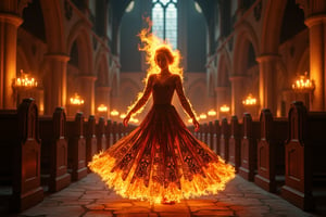 Imagine a gothic-inspired ritual where a girl composed of flames performs a dance in an old, gothic chapel. Her fiery dress and intricate, dark patterns create an enchanting contrast against the dim, candlelit surroundings.,photorealistic