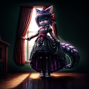 ((((full body)))), A majestic loli dragon neko stands before us. Her dark-scaled skin glistens in the soft, warm light, as if infused with an inner glow. Feline features are prominent - cat ears perked up and a long, fluffy tail extending from her posterior. A Lolita dress of mixed red, pink, and black patterns wraps around her slender form, creating a striking contrast against her dark scales. The overall composition is framed by a subtle gradient of blues and purples in the background, subtly evoking a sense of mystique and wonder.,green reptile hands,Monster girl,Dragon girl