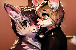 Full body,Two Neko girls in a vibrant fantasy setting, one with fur-covered features and a playful expression, engaging in a tender moment. The scene depicts the futa sister affectionately embracing her sibling, creating a warm atmosphere filled with love. Include a speech bubble that reads 'Love you, sis,' capturing their close bond. The background should feature whimsical elements like cherry blossom trees and soft pastel colors to enhance the overall affectionate,furry,furry female,body fur,animal ear fluff,animal ears,fang