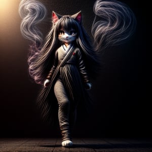 ((((full body)))),kunoichi, neko, girl, fur body, dark color fur, fluffy fur, pointy cat ears, long curly cat ears, absurdly long cherry hair, black eyes, smoke fur,cateyes