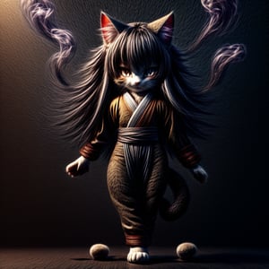 ((((full body)))),kunoichi, neko, girl, fur body, dark color fur, fluffy fur, pointy cat ears, long curly cat ears, absurdly long cherry hair, black eyes, smoke fur,cateyes, throwing shuriken at viewer 