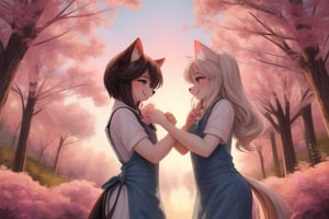 Full body,Two Neko girls in a vibrant fantasy setting, one with fur-covered features and a playful expression, engaging in a tender moment. The scene depicts the futa sister affectionately embracing her sibling, creating a warm atmosphere filled with love. Include a speech bubble that reads 'Love you, sis,' capturing their close bond. The background should feature whimsical elements like cherry blossom trees and soft pastel colors to enhance the overall affectionate