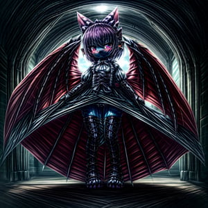 ((((full body)))), A majestic loli dragon neko stands before us. Her dark-scaled skin glistens in the soft, warm light, as if infused with an inner glow. Feline features are prominent - cat ears perked up and a long, fluffy tail extending from her posterior. A Lolita dress of mixed red, pink, and black patterns wraps around her slender form, creating a striking contrast against her dark scales. The overall composition is framed by a subtle gradient of blues and purples in the background, subtly evoking a sense of mystique and wonder.,green reptile hands,Monster girl,Dragon girl