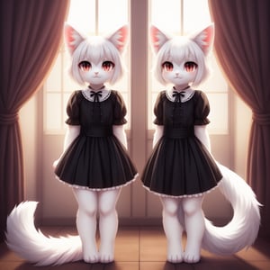 white neko girl, white cat ears, fluffy fur, fur body, white fur body, white fur, white fluffy cat tail, ((((full body)))), ((one tail)), two ears,cat eyes,split pupils, red gothic lolita, detail eyes