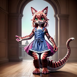 ((((full body)))), A majestic loli dragon neko stands before us. Her dark-scaled skin glistens in the soft, warm light, as if infused with an inner glow. Feline features are prominent - cat ears perked up and a long, fluffy tail extending from her posterior. A Lolita dress of mixed red, pink, and black patterns wraps around her slender form, creating a striking contrast against her dark scales. The overall composition is framed by a subtle gradient of blues and purples in the background, subtly evoking a sense of mystique and wonder.,green reptile hands,Monster girl,Dragon girl,furry,furry female,body fur,animal ear fluff,animal ears,fang