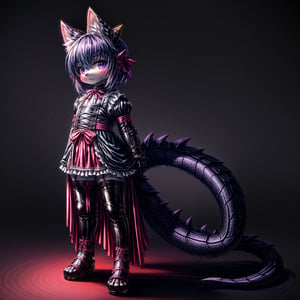 ((((full body)))), A majestic loli dragon neko stands before us. Her dark-scaled skin glistens in the soft, warm light, as if infused with an inner glow. Feline features are prominent - cat ears perked up and a long, fluffy tail extending from her posterior. A Lolita dress of mixed red, pink, and black patterns wraps around her slender form, creating a striking contrast against her dark scales. The overall composition is framed by a subtle gradient of blues and purples in the background, subtly evoking a sense of mystique and wonder.,green reptile hands,Monster girl,Dragon girl