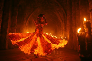 **The Flame's Embrace:** Imagine a gothic-inspired ritual where a girl composed of flames performs a dance in an old, gothic chapel. Her fiery dress and intricate, dark patterns create an enchanting contrast against the dim, candlelit surroundings.,Details,Skin texture,Details 