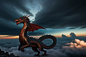 A majestic snake-like dragon with sharp claws soars through a turbulent sky, her metallic red and black scales shimmering as she weaves between the clouds.