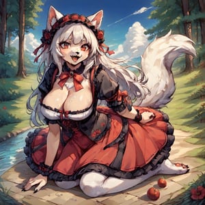 Wolf Girl in Gothic Lolita attire: a full-body portrait of a mystical figure with white fur covering her entire body, including ears and tail. Her piercing red eyes seem to hold a secrets as she poses confidently amidst a mysterious atmosphere. Score: 9+. Anime-inspired illustration with a hint of furry fantasy.,score_9,score_8_up,score_7_up,source_anime,BREAK,anthro