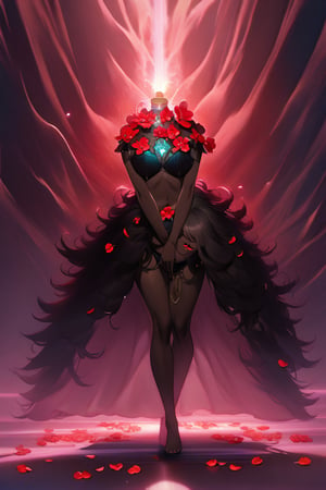 In a mystical forest bathed in soft, ethereal light, a headless young woman with long silver curly hair and striking red eyes poses eerily beautiful. Her dark skin glistens as she holds her own dissevered head in one hand, surrounded by intricate black bikini armor adorned with vibrant red flower accents that seem to pulsate with an otherworldly energy. The flowers' delicate petals and stems are textured with lifelike detail, contrasting stunningly against her dark skin tone. ((full body))