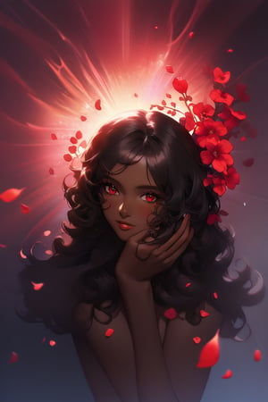 In a mystical forest bathed in soft, ethereal light, a headless young woman with long silver curly hair and striking red eyes poses eerily beautiful. Her dark skin glistens as she holds her own dissevered head in one hand, surrounded by intricate black bikini armor adorned with vibrant red flower accents that seem to pulsate with an otherworldly energy. The flowers' delicate petals and stems are textured with lifelike detail, contrasting stunningly against her dark skin tone. ((full body)),more detail XL