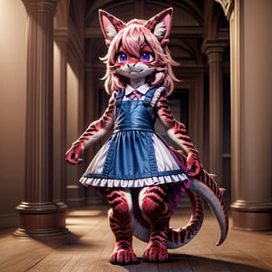 ((((full body)))), A majestic loli dragon neko stands before us. Her dark-scaled skin glistens in the soft, warm light, as if infused with an inner glow. Feline features are prominent - cat ears perked up and a long, fluffy tail extending from her posterior. A Lolita dress of mixed red, pink, and black patterns wraps around her slender form, creating a striking contrast against her dark scales. The overall composition is framed by a subtle gradient of blues and purples in the background, subtly evoking a sense of mystique and wonder.,green reptile hands,Monster girl,Dragon girl,furry,furry female,body fur,animal ear fluff,animal ears,fang