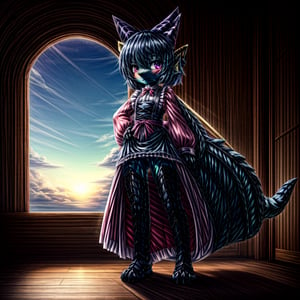 ((((full body)))), A majestic loli dragon neko stands before us. Her dark-scaled skin glistens in the soft, warm light, as if infused with an inner glow. Feline features are prominent - cat ears perked up and a long, fluffy tail extending from her posterior. A Lolita dress of mixed red, pink, and black patterns wraps around her slender form, creating a striking contrast against her dark scales. The overall composition is framed by a subtle gradient of blues and purples in the background, subtly evoking a sense of mystique and wonder.,green reptile hands,Monster girl,Dragon girl