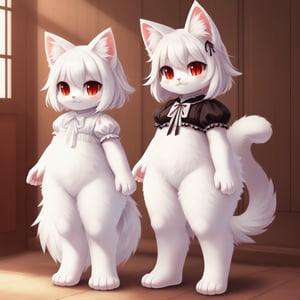 white neko girl, white cat ears, fluffy fur, fur body, white fur body, white fur, white fluffy cat tail, ((((full body)))), ((one tail)), two ears,cat eyes,split pupils, red gothic lolita, detail eyes