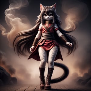 ((((full body)))),kunoichi, neko, girl, fur body, dark color fur, fluffy fur, pointy cat ears, long curly cat ears, absurdly long cherry hair, black eyes, smoke fur