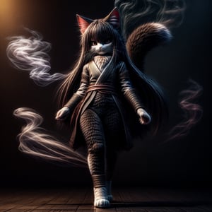 ((((full body)))),kunoichi, neko, girl, fur body, dark color fur, fluffy fur, pointy cat ears, long curly cat ears, absurdly long cherry hair, black eyes, smoke fur