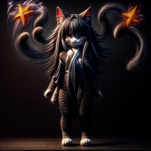 ((((full body)))),kunoichi, neko, girl, fur body, dark color fur, fluffy fur, pointy cat ears, long curly cat ears, absurdly long cherry hair, black eyes, smoke fur,cateyes, shuriken