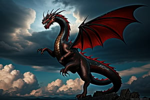 A majestic snake-like dragon with sharp claws soars through a turbulent sky, her metallic red and black scales shimmering as she weaves between the clouds.